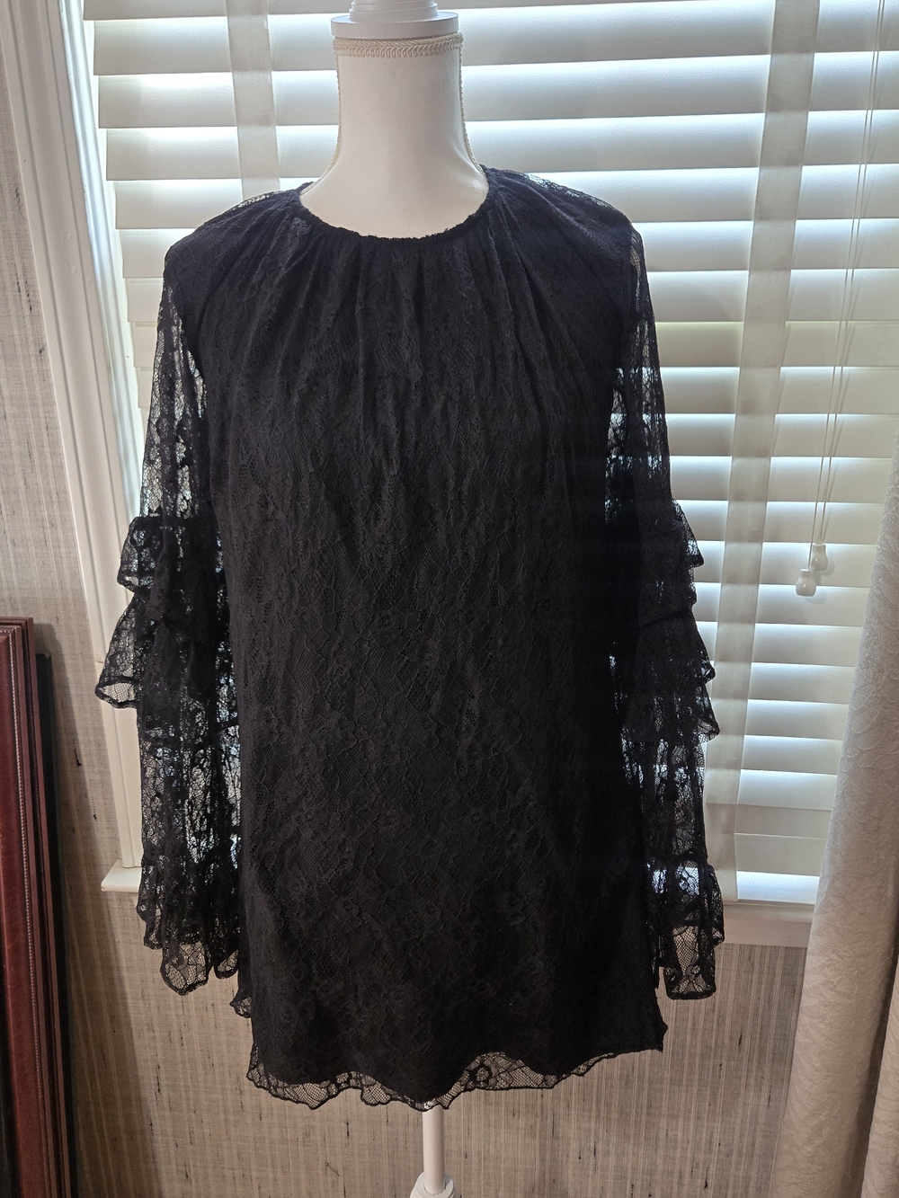 Nasty Gal Black Lace Ruffle Fluted Sleeve Mini Dress Sz 2 - Picture 4 of 7